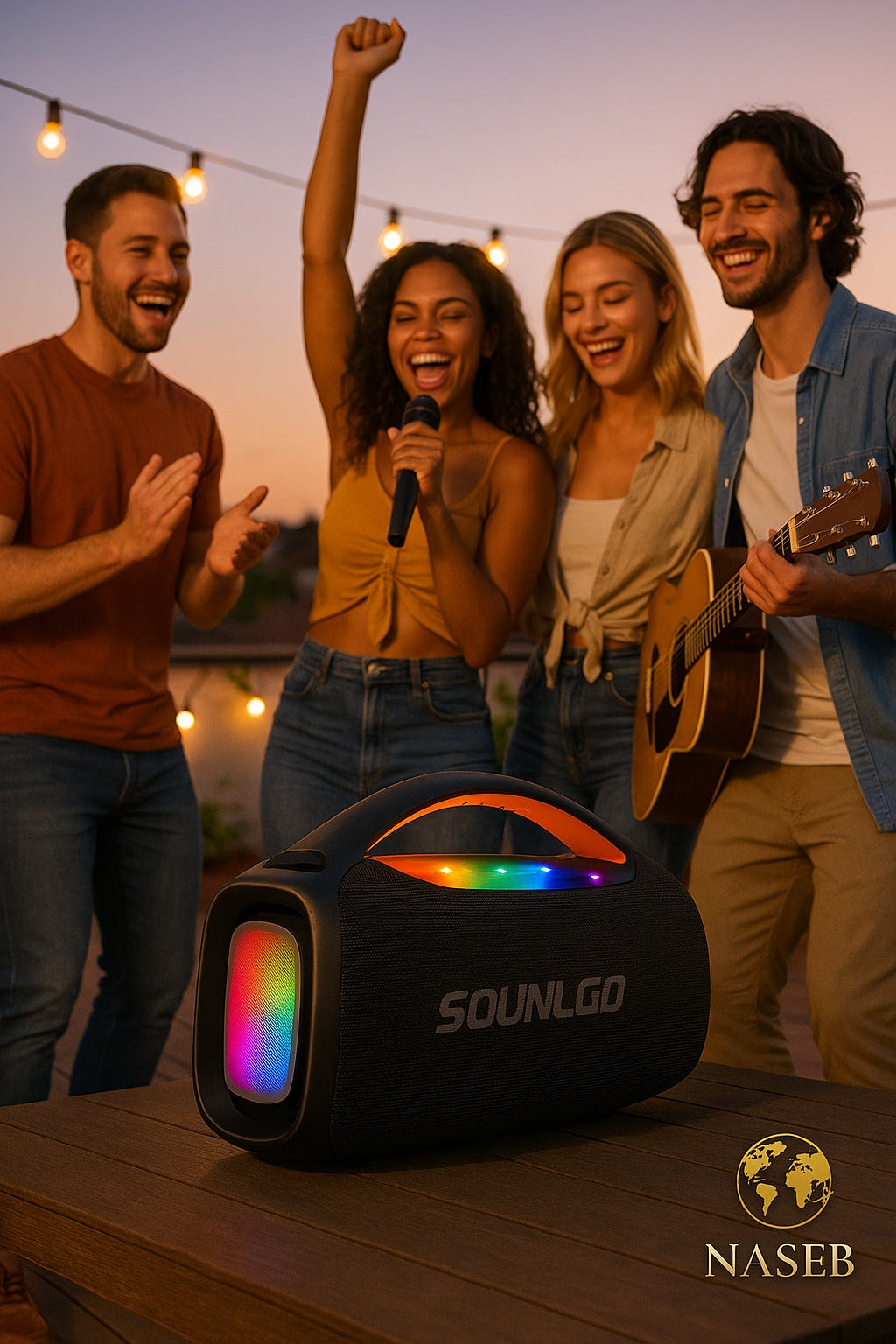 Parlante Inalámbrico 120W SOLNL.GD con Luces LED RGB y Micrófono – Sonido Premium para Fiestas y Karaoke