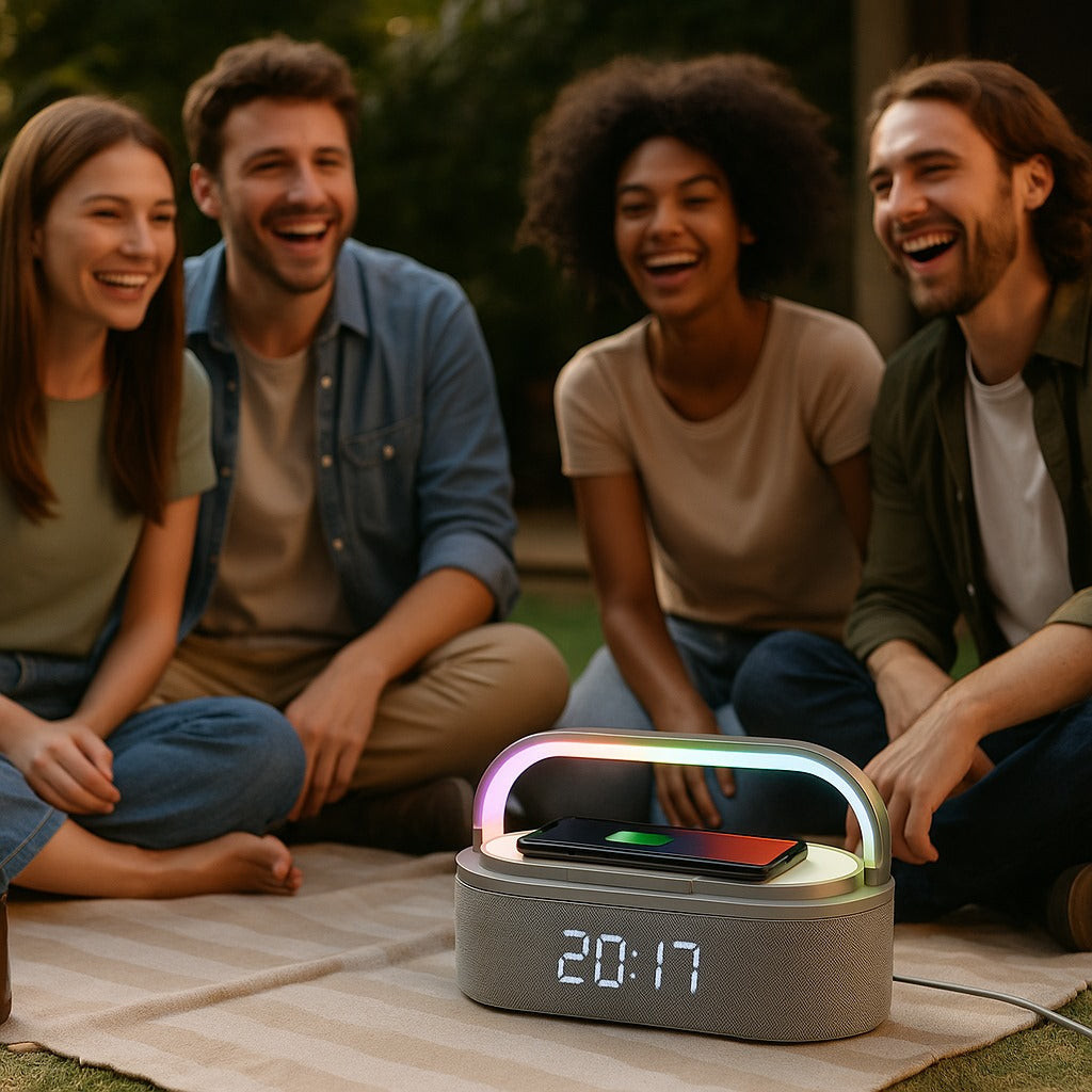 Parlante Radio Multifuncional con Bluetooth, Carga Inalámbrica y Luces LED