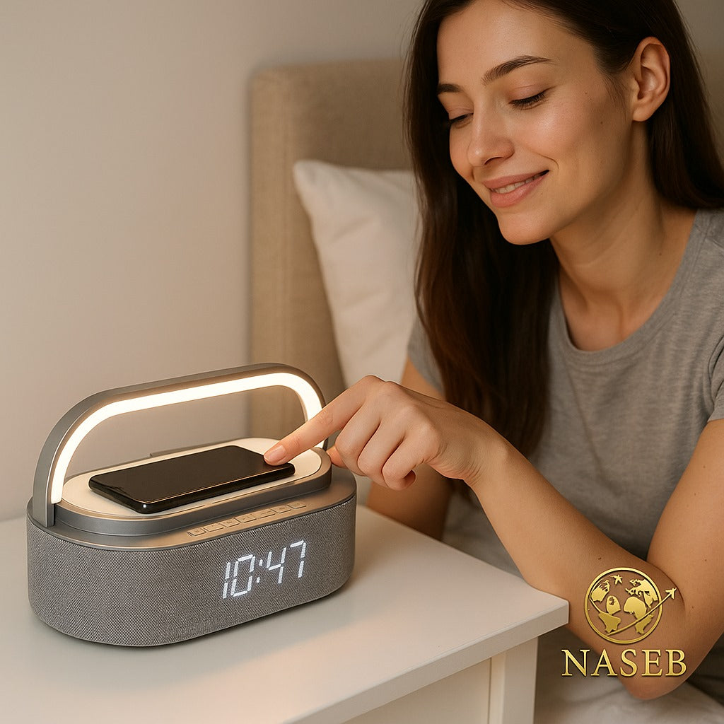 Parlante Radio Multifuncional con Bluetooth, Carga Inalámbrica y Luces LED