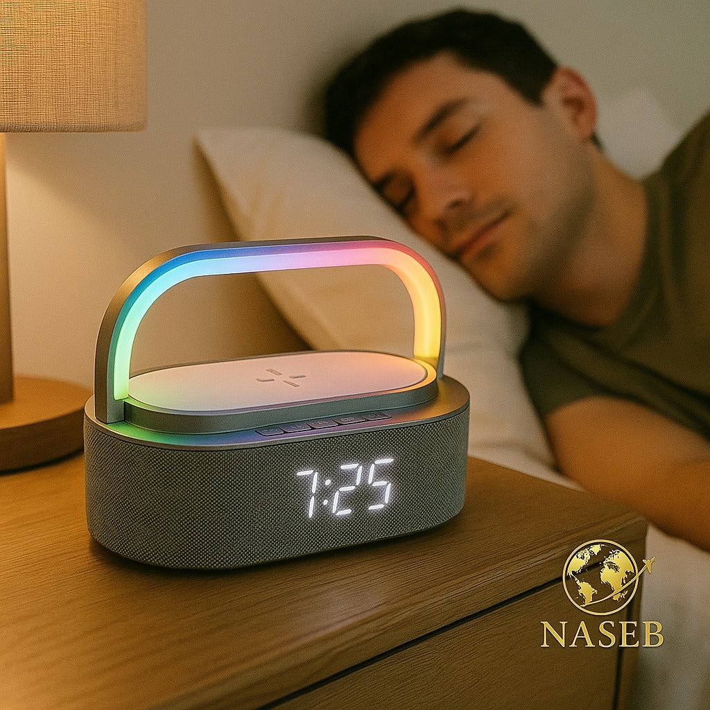 Parlante Radio Multifuncional con Bluetooth, Carga Inalámbrica y Luces LED