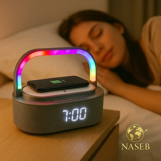 Parlante Radio Multifuncional con Bluetooth, Carga Inalámbrica y Luces LED