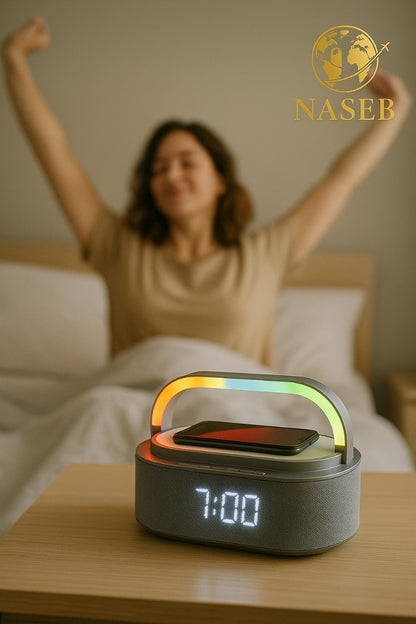 Parlante Radio Multifuncional con Bluetooth, Carga Inalámbrica y Luces LED
