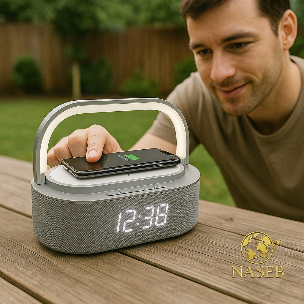 Parlante Radio Multifuncional con Bluetooth, Carga Inalámbrica y Luces LED
